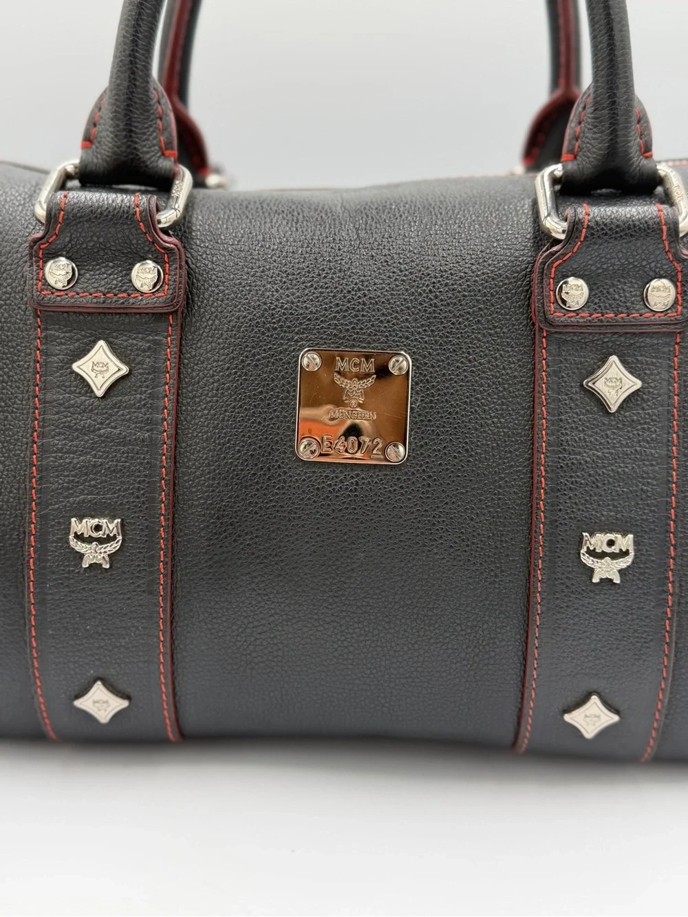 MCM Black Leather Boston Bag with Red Stitching (Pre Owned)